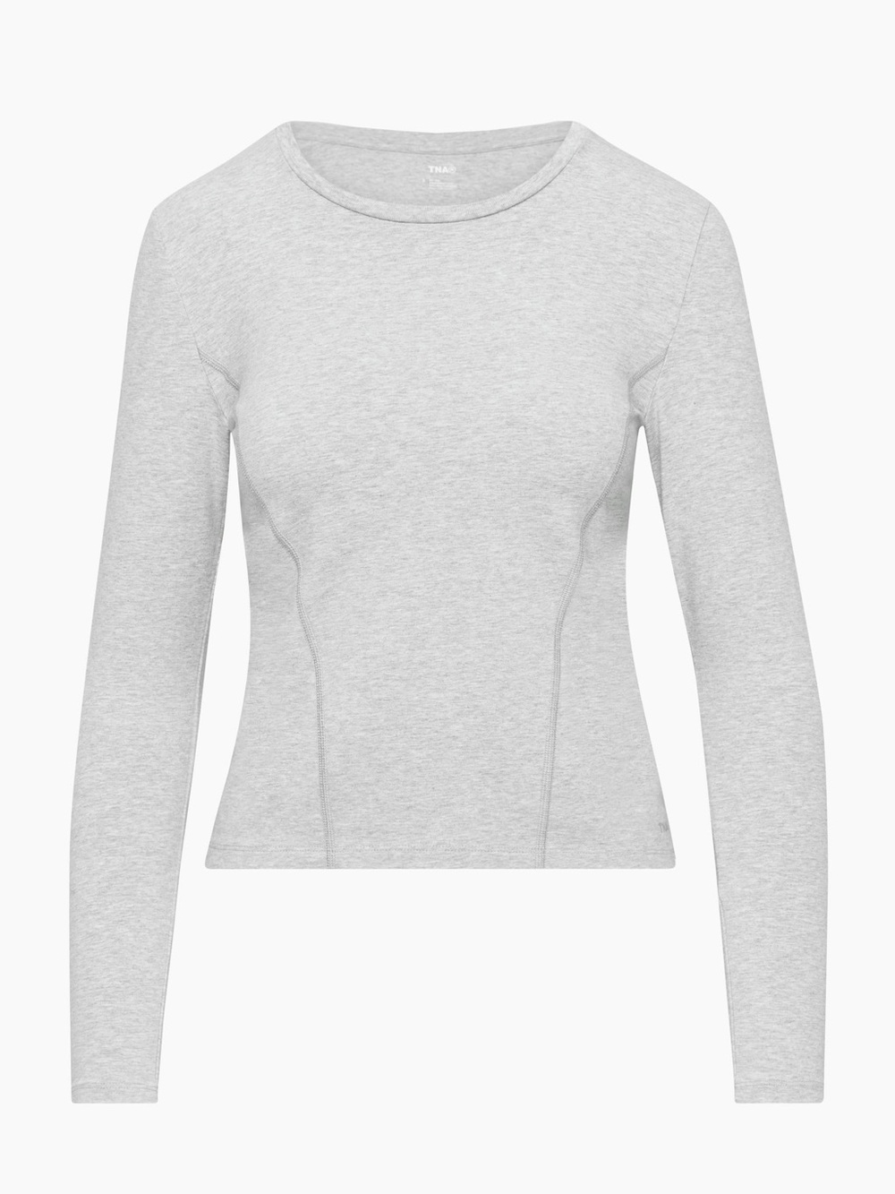 TNA Hold-It Cara Long Sleeve Top Heather Grey Fitted Cotton Crewneck Pannelled